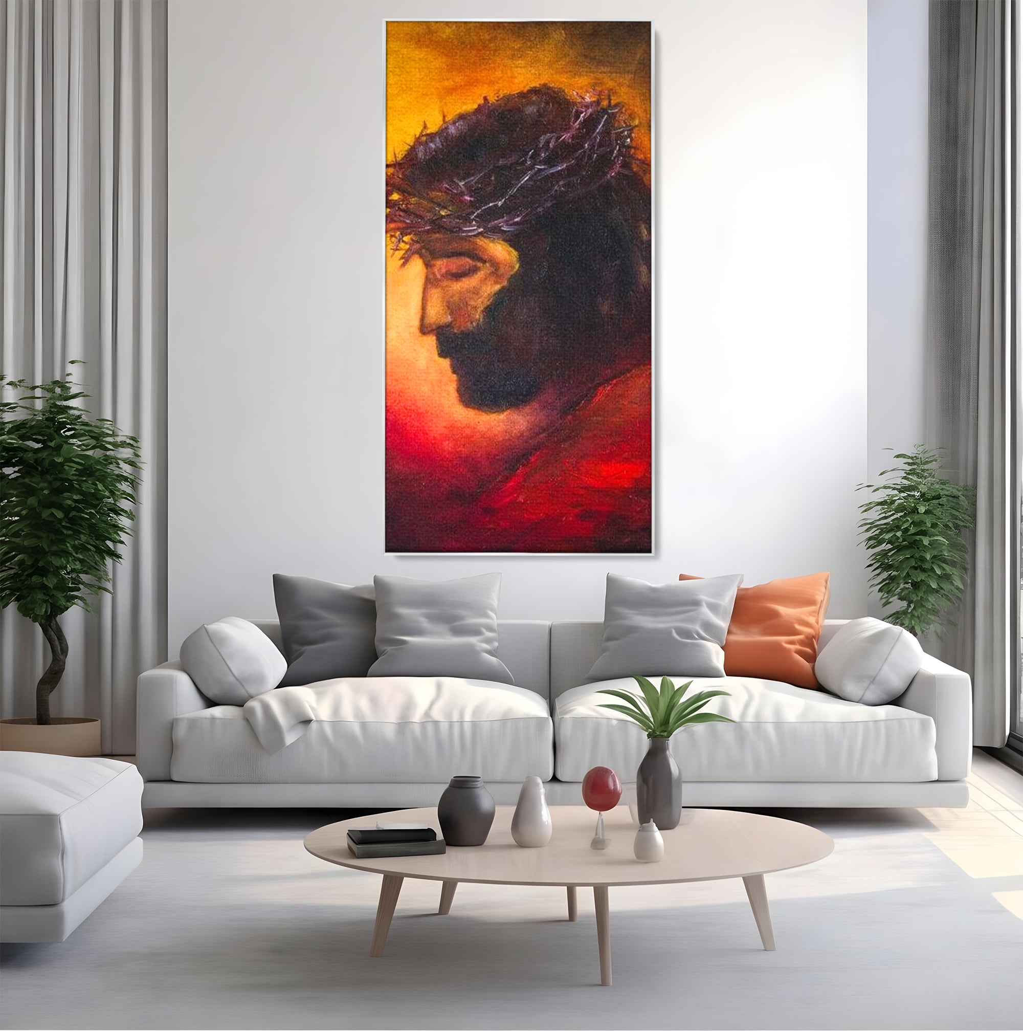 Tablou canvas cu tablou canvas cu isus purtand coroana, in rama de aluminiu argintiu, pe perete intr-un living